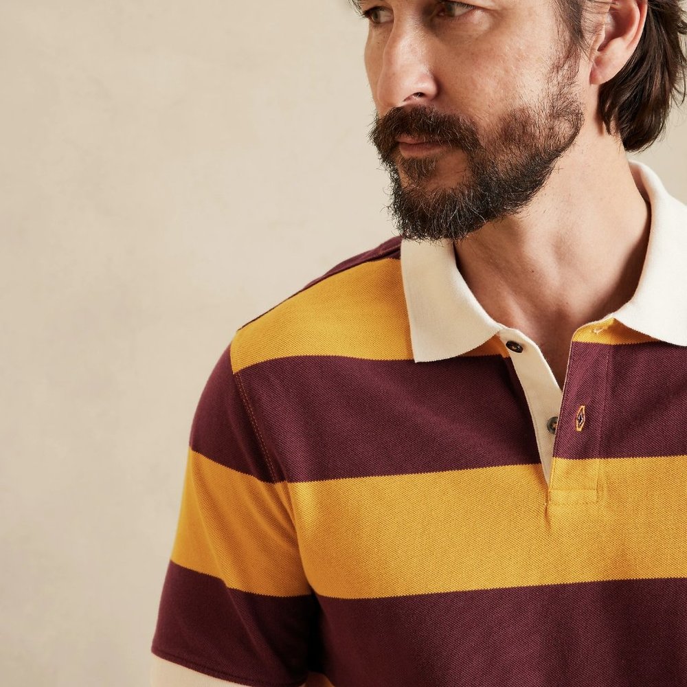 Banana Republic Bold Stripe Yellow Gingko Leaf Organic Cotton Pique Polo